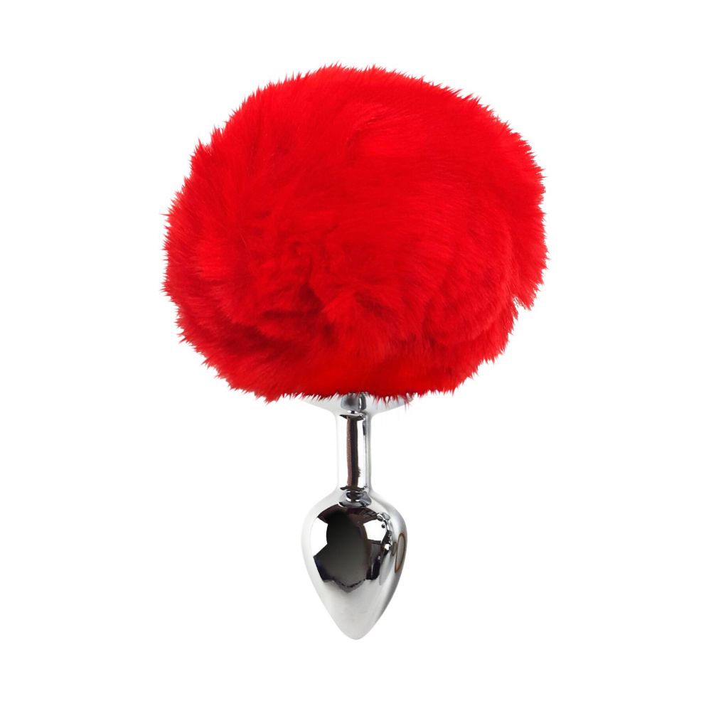 фото Анальний затор М Art of Sex - Metal Butt plug Rabbit Tail, Червоний