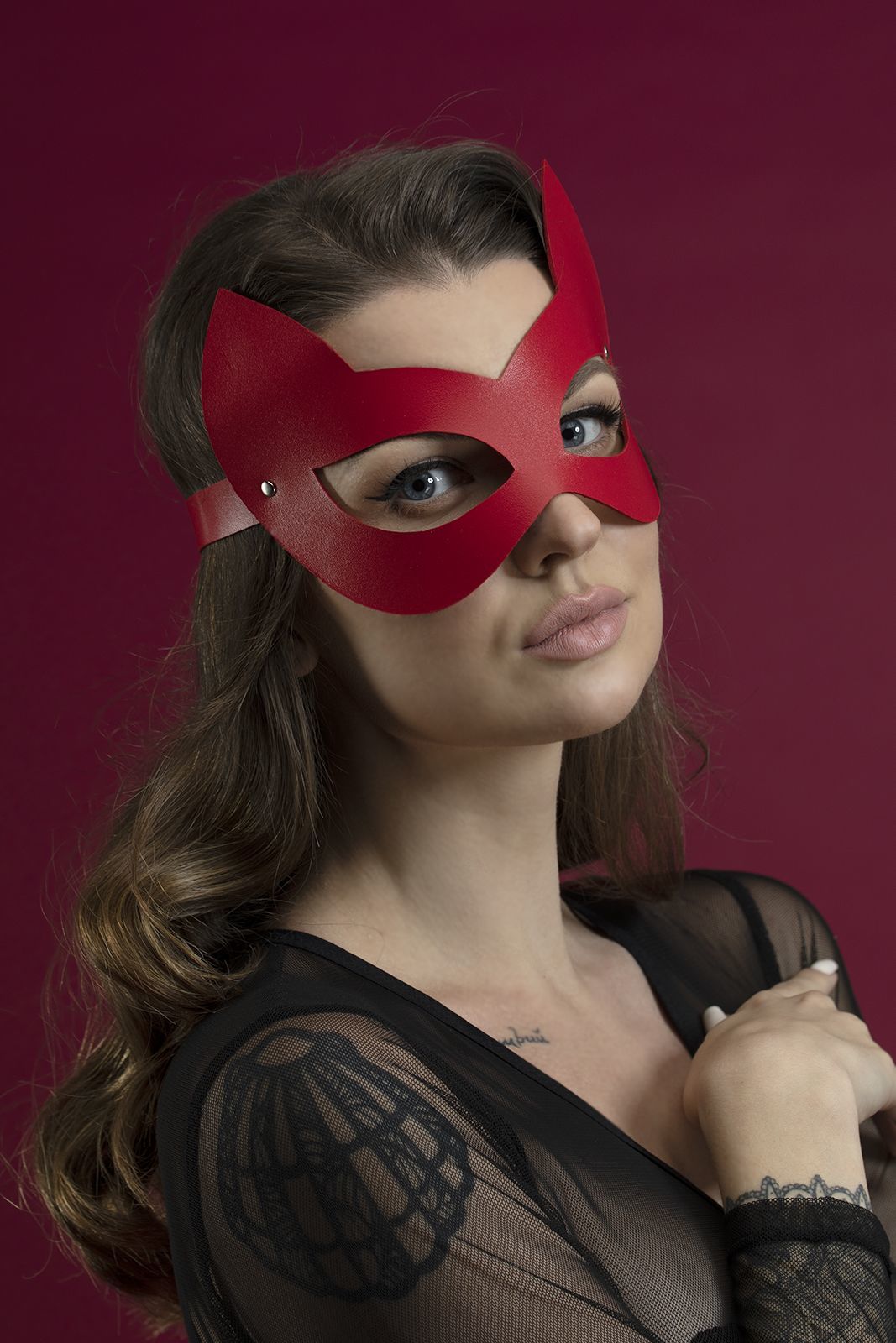 фото Маска кішечки Feral Feelings - Kitten Mask, натуральна шкіра, червона