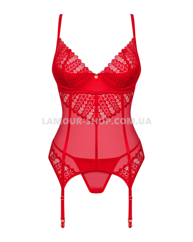 фото Комплект корсет та стрінги Obsessive Ingridia corset & thong XS/S, червоний