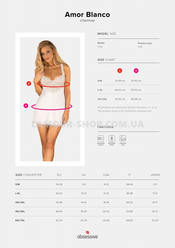 фото Сорочка  Obsessive Amor Blanco underwire chemise & thong white S/M