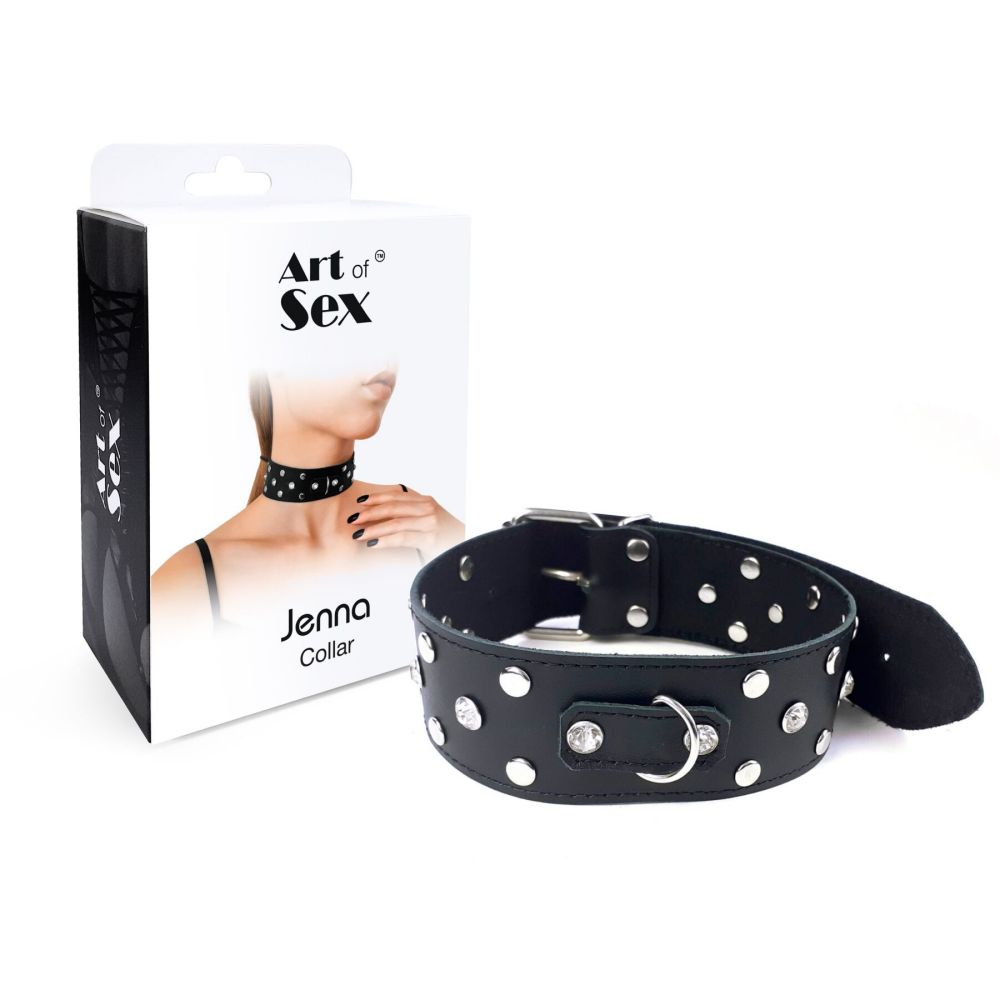фото Нашийник з натур шкіри із заклепками та стразами Art of Sex - Jenna Collar