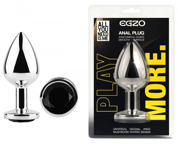 Анальна пробка з кристалом EGZO - Silver Round Plug Black size S