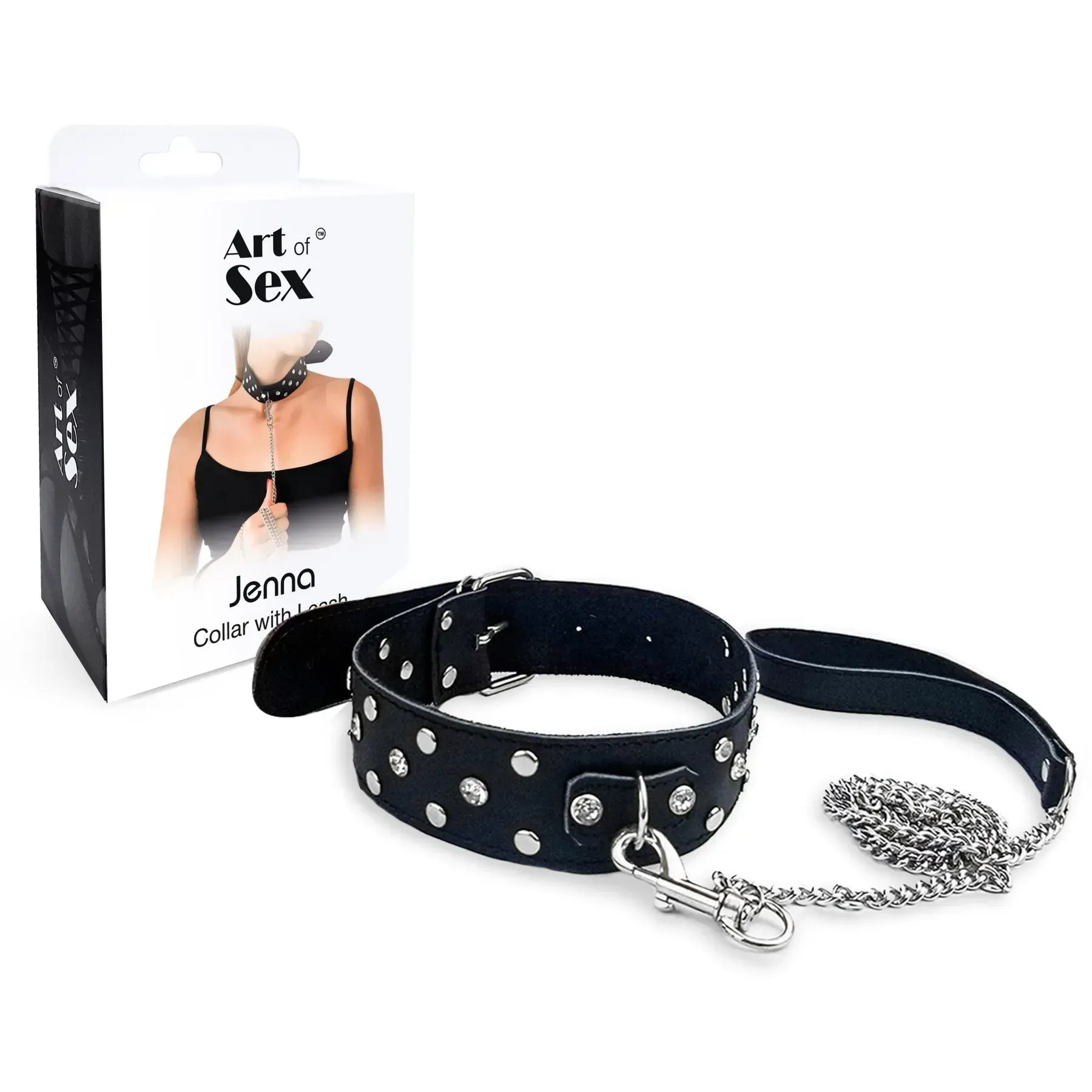 фото Нашийник з повідцем із нат шкіри із заклепками Art of Sex - Jenna Collar with