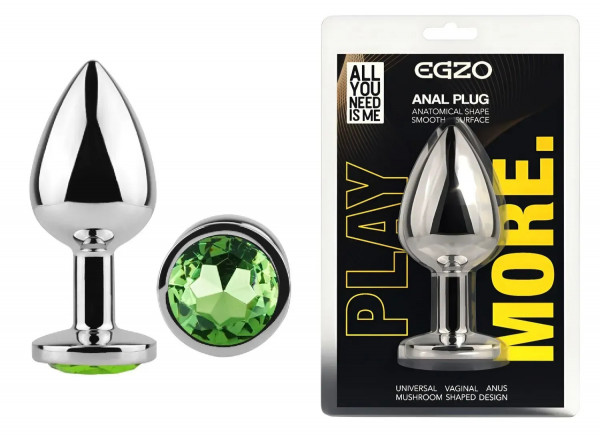 Анальна пробка з кристалом EGZO - Silver Round Plug Green size M