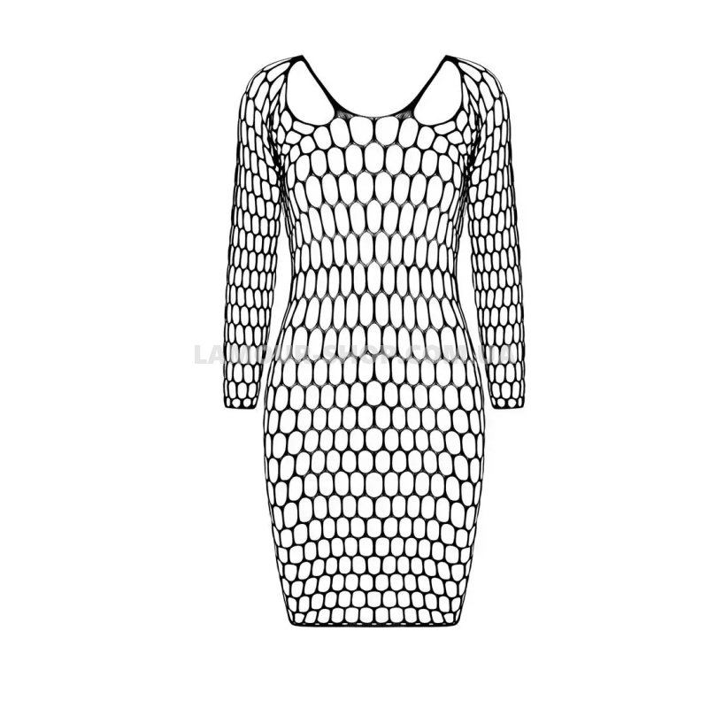 фото Бодістокінг-сукня з глибоким коміром Passion BS093 black, довгі рукави