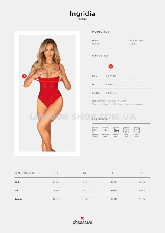 фото Боді  Obsessive Ingridia crotchless teddy XS/S, червоне, відкриті груди