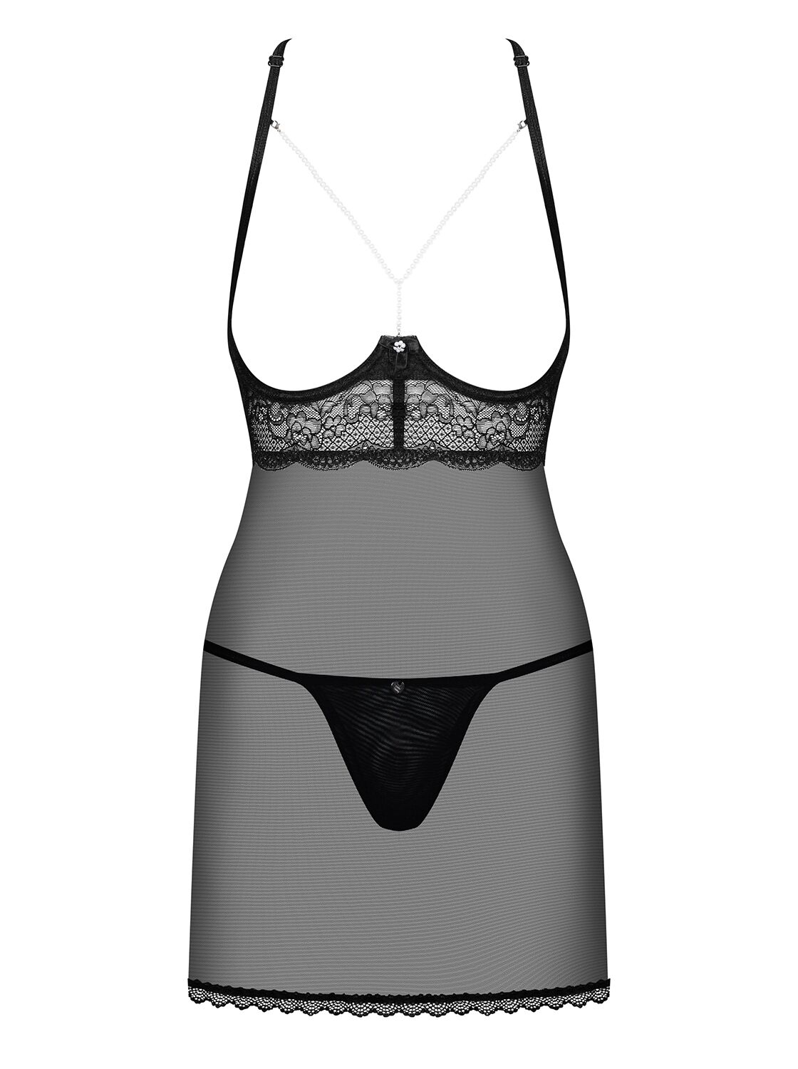 фото Прозора сорочка з відкритими грудьми Obsessive Pearlove chemise & thong black S/M