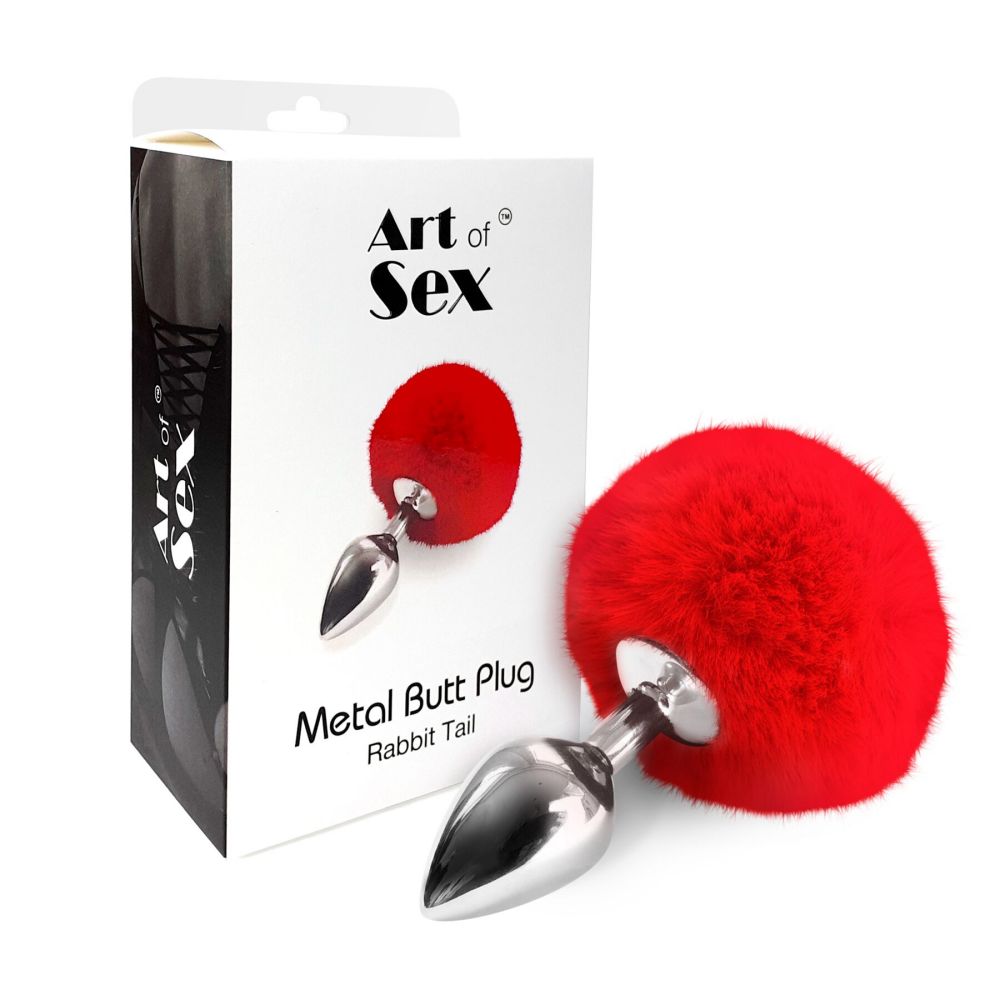фото Анальний затор М Art of Sex - Metal Butt plug Rabbit Tail, Червоний