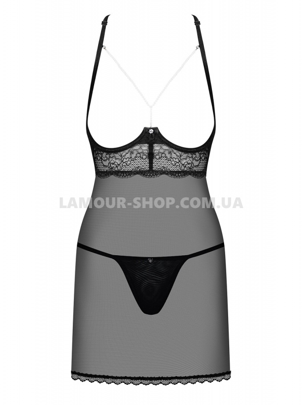 Obsessive Прозора сорочка з відкритими грудьми Obsessive Pearlove chemise & thong black S/M фото фото Прозора сорочка з відкритими грудьми Obsessive Pearlove chemise & thong black S/M
