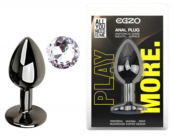 Анальна пробка з кристалом EGZO - Dark Gray Round Plug Clear, size S