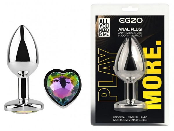 Анальна пробка з кристалом EGZO - Silver Heart Plug Rainbow size M