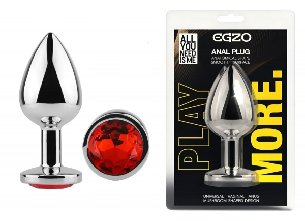 Анальна пробка з кристалом EGZO - Silver Round Plug Red size S