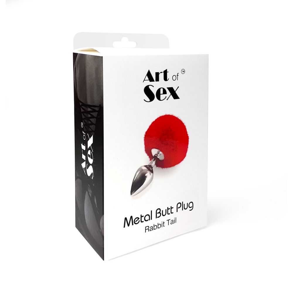 фото Анальний затор М Art of Sex - Metal Butt plug Rabbit Tail, Червоний