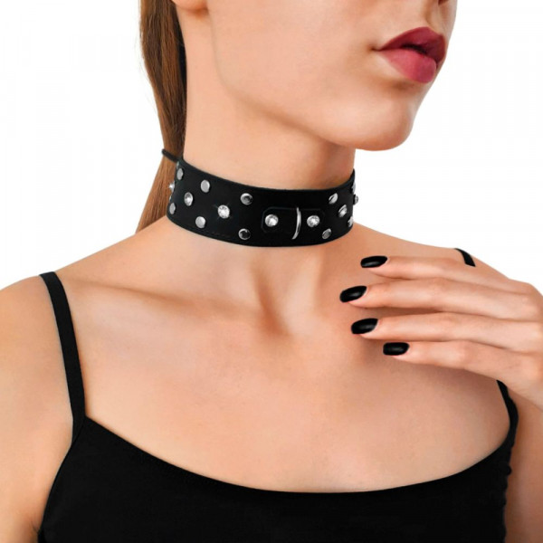 Нашийник з натур шкіри із заклепками та стразами Art of Sex - Jenna Collar