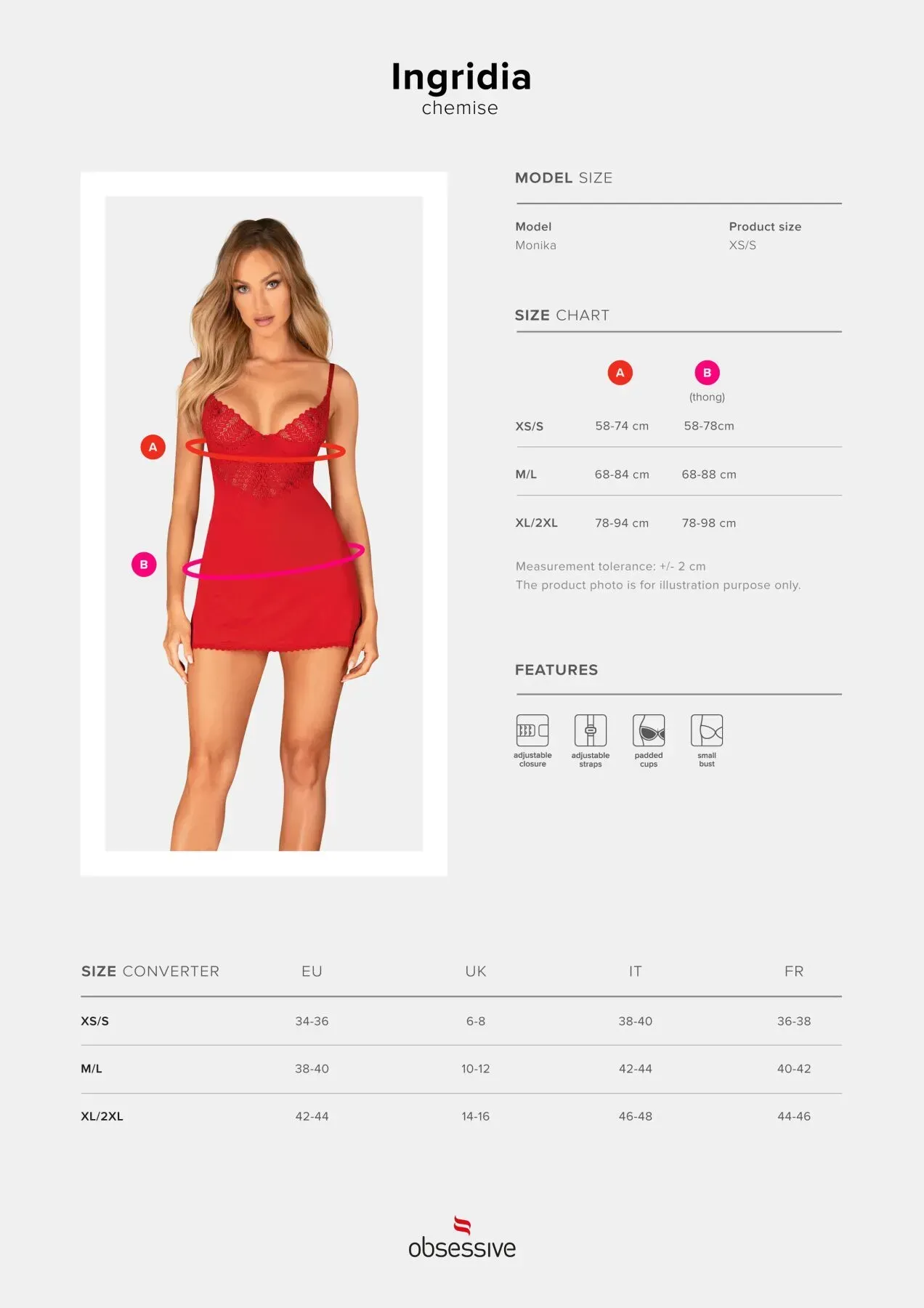 фото Пеньюар  Obsessive Ingridia chemise & thong XS/S, червоний, сорочка, стрінги