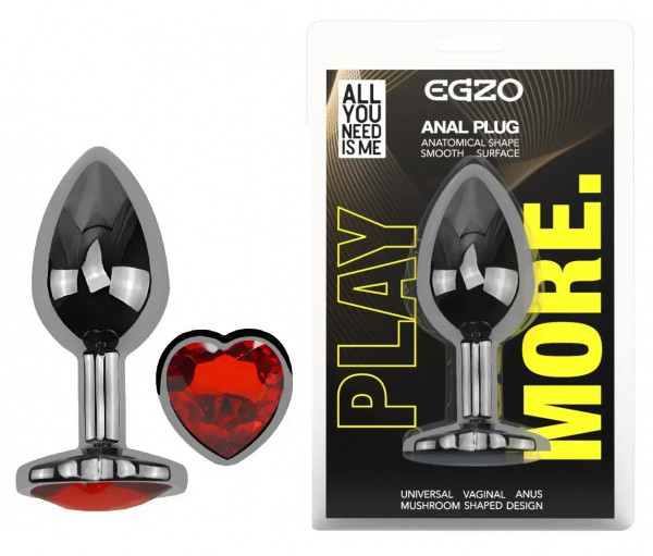 Анальна пробка з кристалом EGZO - Dark Silver Heart Plug Red size S