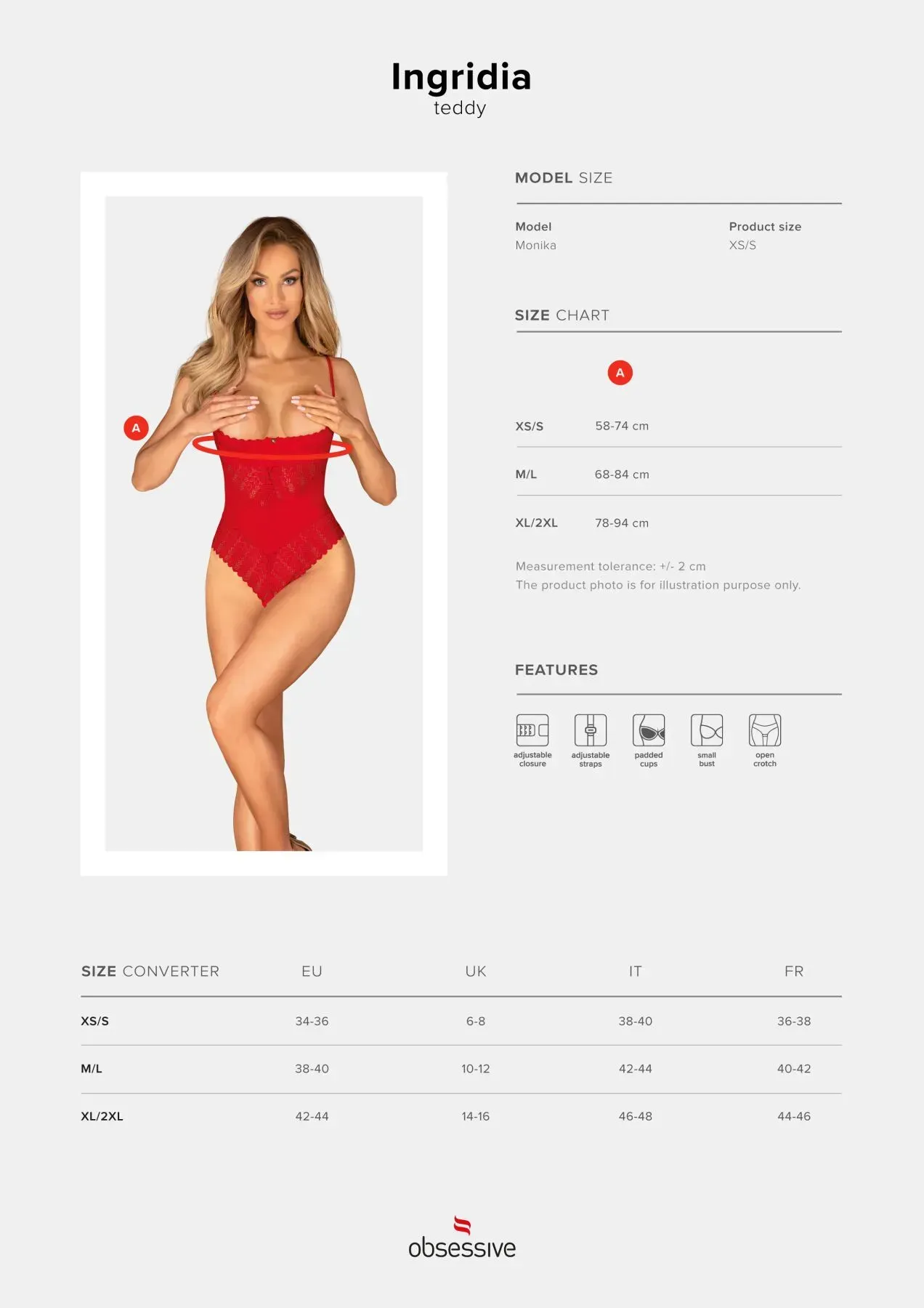 фото Боді  Obsessive Ingridia crotchless teddy XS/S, червоне, відкриті груди