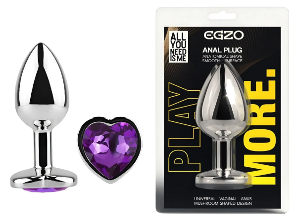 Анальна пробка з кристалом EGZO - Silver Heart Plug Purple size S