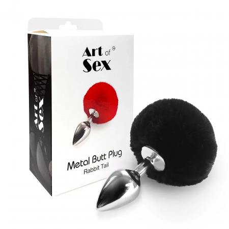 фото Анальний затор М Art of Sex - Metal Butt plug Rabbit Tail, Чорний