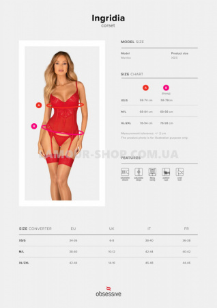 фото Комплект корсет та стрінги Obsessive Ingridia corset & thong XS/S, червоний