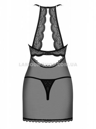фото Прозора сорочка з відкритими грудьми Obsessive Pearlove chemise & thong black S/M