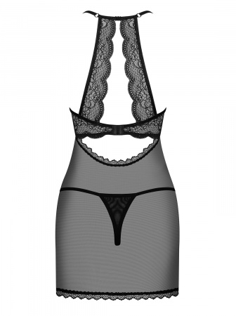 фото Прозора сорочка з відкритими грудьми Obsessive Pearlove chemise & thong black S/M