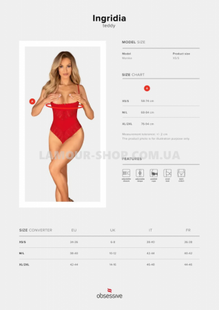 фото Боді  Obsessive Ingridia crotchless teddy XS/S, червоне, відкриті груди