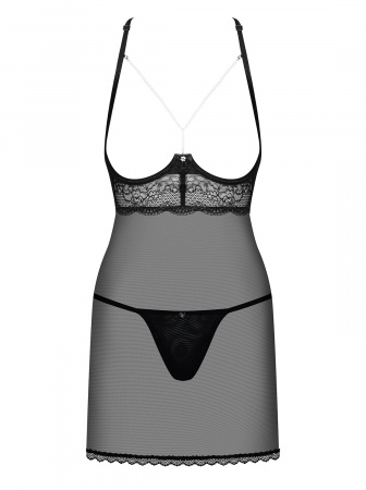 фото Прозора сорочка з відкритими грудьми Obsessive Pearlove chemise & thong black S/M