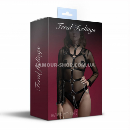 фото Портупея з ланцюгом та фіксаторами Feral Feelings Harness with Cuffs Black