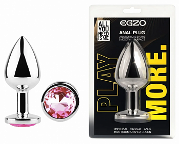 Анальна пробка з кристалом EGZO - Silver Round Plug Pink S