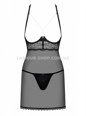 фото Прозора сорочка з відкритими грудьми Obsessive Pearlove chemise & thong black S/M