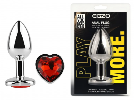 фото Анальна пробка з кристалом EGZO - Silver Heart Plug Red size S