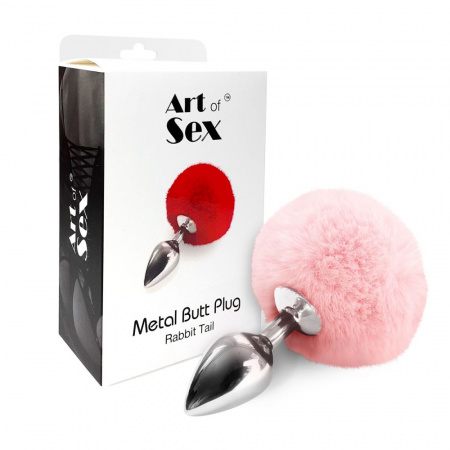 фото Анальний затор М Art of Sex - Metal Butt plug Rabbit Tail, Ніжно-рожевий