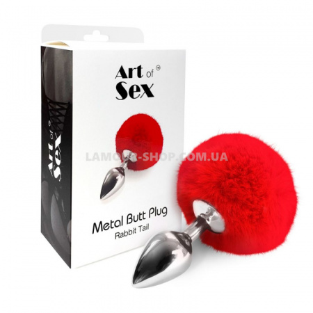фото Анальний затор М Art of Sex - Metal Butt plug Rabbit Tail, Червоний