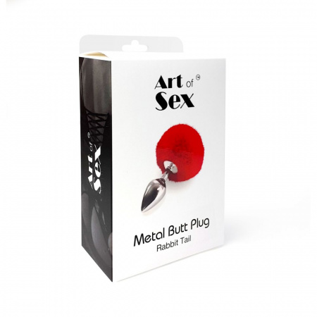 фото Анальний затор М Art of Sex - Metal Butt plug Rabbit Tail, Червоний
