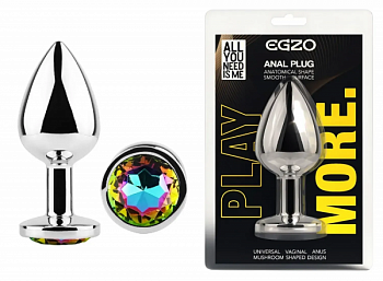 Анальна пробка  з кристалом EGZO - Silver Round Plug Rainbow size M