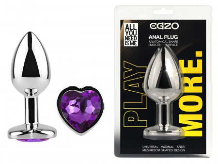 фото Анальна пробка з кристалом EGZO - Silver Heart Plug Purple size S