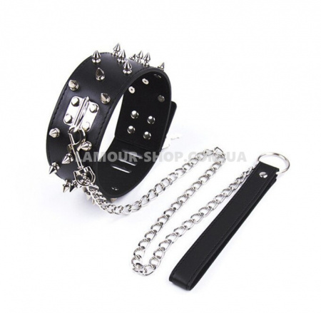 фото Нашийник шипований з повідцем, чорний