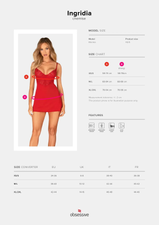 фото Пеньюар  Obsessive Ingridia chemise & thong XS/S, червоний, сорочка, стрінги