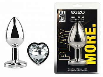 Анальна пробка з кристалом EGZO - Silver Heart Plug Clear size M