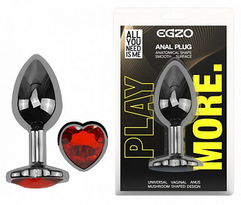 Анальна пробка з кристалом EGZO - Dark Silver Heart Plug Red size S