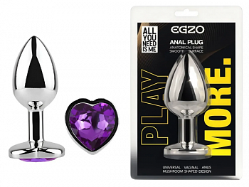 Анальна пробка з кристалом EGZO - Silver Heart Plug Purple size S