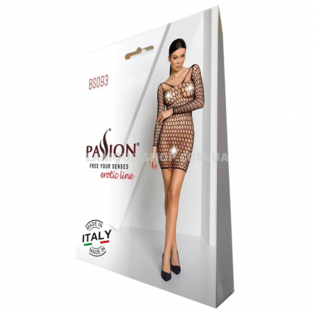 фото Бодістокінг-сукня з глибоким коміром Passion BS093 black, довгі рукави