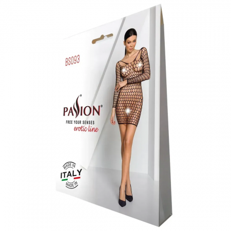 фото Бодістокінг-сукня з глибоким коміром Passion BS093 black, довгі рукави