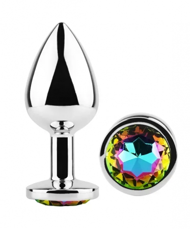фото Анальна пробка  з кристалом EGZO - Silver Round Plug Rainbow size M